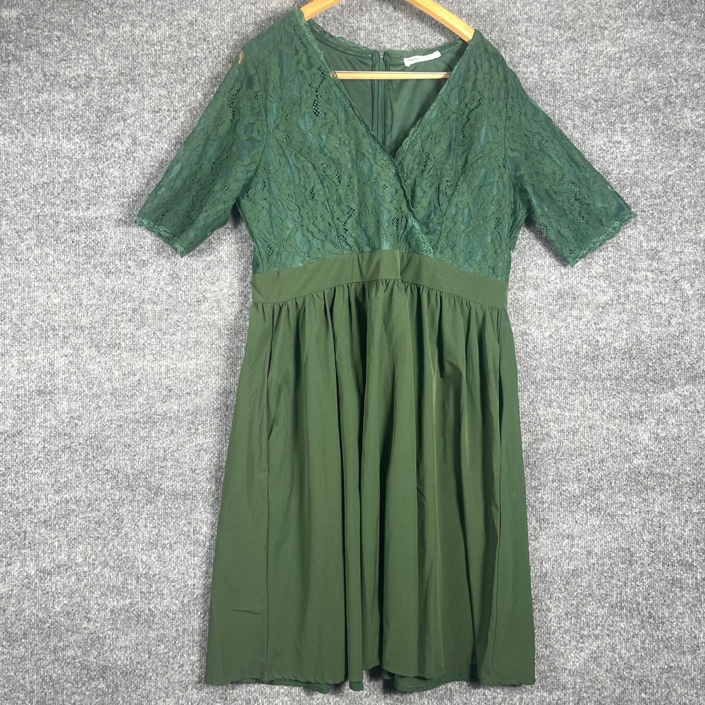 Nemidor Dress Womens 18 Green Lace Bodice V Neck Short Sleeve Fit Flare Cocktail